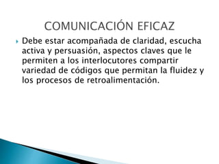  Debe estar acompañada de claridad, escucha
activa y persuasión, aspectos claves que le
permiten a los interlocutores compartir
variedad de códigos que permitan la fluidez y
los procesos de retroalimentación.
 