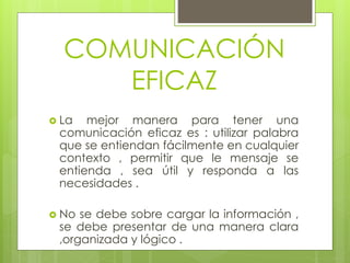 COMUNICACIÓN
EFICAZ
 La mejor manera para tener una
comunicación eficaz es : utilizar palabra
que se entiendan fácilmente en cualquier
contexto , permitir que le mensaje se
entienda , sea útil y responda a las
necesidades .
 No se debe sobre cargar la información ,
se debe presentar de una manera clara
,organizada y lógico .
 