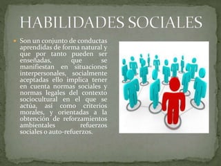  Son un conjunto de conductas
aprendidas de forma natural y
que por tanto pueden ser
enseñadas, que se
manifiestan en situaciones
interpersonales, socialmente
aceptadas ello implica tener
en cuenta normas sociales y
normas legales del contexto
sociocultural en el que se
actúa, así como criterios
morales, y orientadas a la
obtención de reforzamientos
ambientales refuerzos
sociales o auto-refuerzos.
 