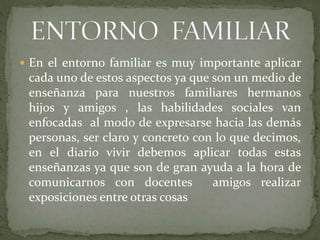  En el entorno familiar es muy importante aplicar
cada uno de estos aspectos ya que son un medio de
enseñanza para nuestros familiares hermanos
hijos y amigos , las habilidades sociales van
enfocadas al modo de expresarse hacia las demás
personas, ser claro y concreto con lo que decimos,
en el diario vivir debemos aplicar todas estas
enseñanzas ya que son de gran ayuda a la hora de
comunicarnos con docentes amigos realizar
exposiciones entre otras cosas
 