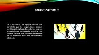 En la actualidad, los equipos virtuales han
permitido que las corporaciones ofrezcan
servicios a nivel global. Sin embargo, para que
sean eficientes, es necesario considerar una
serie de factores, que van desde la selección
de sus miembros, hasta una infraestructura
adecuada.
EQUIPOS VIRTUALES
 