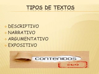 TIPOS DE TEXTOS
 DESCRIPTIVO
 NARRATIVO
 ARGUMENTATIVO
 EXPOSITIVO
 