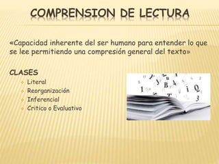 COMPRENSION DE LECTURA
«Capacidad inherente del ser humano para entender lo que
se lee permitiendo una compresión general del texto»
CLASES
 Literal
 Reorganización
 Inferencial
 Critico o Evaluativo
 