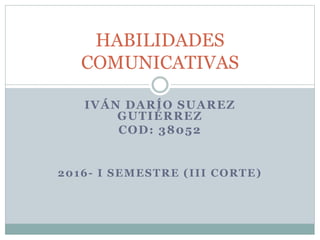 IVÁN DARÍO SUAREZ
GUTIÉRREZ
COD: 38052
2016- I SEMESTRE (III CORTE)
HABILIDADES
COMUNICATIVAS
 