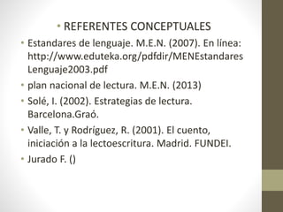 • REFERENTES CONCEPTUALES
• Estandares de lenguaje. M.E.N. (2007). En línea:
http://www.eduteka.org/pdfdir/MENEstandares
Lenguaje2003.pdf
• plan nacional de lectura. M.E.N. (2013)
• Solé, I. (2002). Estrategias de lectura.
Barcelona.Graó.
• Valle, T. y Rodríguez, R. (2001). El cuento,
iniciación a la lectoescritura. Madrid. FUNDEI.
• Jurado F. ()
 