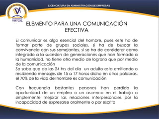 ELEMENTO PARA UNA COMUNICACIÓN
EFECTIVA
El comunicar es algo esencial del hombre, pues este ha de
formar parte de grupos sociales, si ha de buscar la
convivencia con sus semejantes, si se ha de considerar como
integrado a la sucesion de generaciones que han formado a
la humanidad, no tiene otro medio de lograrlo que por medio
de la comunicación
Se sabe que de las 24 hrs del dia un adulto esta emitiendo o
recibiendo mensajes de 15 a 17 horas dicho en otras palabras,
el 70% de la vida del hombre es comunicación
Con frecuencia bastantes personas han perdido la
oportunidad de un empleo o un ascenco en el trabajo o
simplemente mejorar las relaciones interpersonales por la
incapacidad de expresarse oralmente o por escrito
 