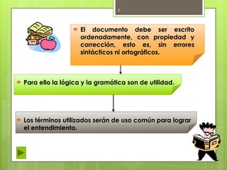 5

El documento debe ser escrito
ordenadamente, con propiedad y
corrección, esto es, sin errores
sintácticos ni ortográficos.

Para ello la lógica y la gramática son de utilidad.

Los términos utilizados serán de uso común para lograr
el entendimiento.

 