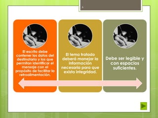 6

El escrito debe
contener los datos del
destinatario y los que
permitan identificar el
mensaje con el
propósito de facilitar la
retroalimentación.

El tema tratado
deberá manejar la
información
necesaria para que
exista integridad.

Debe ser legible y
con espacios
suficientes.

 