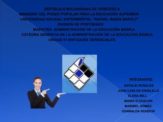 REPUBLICA BOLIVARIANA DE VENEZUELA
MINISERIO DEL PODER POPULAR PARA LA EDUCACIÓN SUPERIIOR
UNIVERSIDAD NACIOAL EXPERIMENTAL “RAFAEL MARÍA BARALT”
                   DIVISIÓN DE POSTGRADO
       MAESTRÍA ADMINISTRACIÓN DE LA EDUCACIÓN BÁSICA
 CÁTEDRA GERENCIA DE LA ADMINISTRACIÓN DE LA EDUCACIÓN BÁSICA
               UNIDAD IV ENFOQUES GERENCIALES




                                                  INTEGRANTES:
                                                NATALIE ROSALES
                                             JUAN CARLOS DAVALILLO
                                                  ELENA MILL
                                                MARÍA G CHACON
                                                MARIBEL GOMEZ
                                              OSAWALDA RONDON
 
