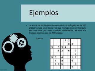 Ejemplos
• La suma de los ángulos internos de todo triángulo es de 180
grados"; pues bien, cada vez que me tope con un triángulo,
sea cual sea, por este principio fundamental, sé que sus
ángulos internos son de 180 grados
Sudoku
 