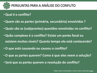 Veja mais conteúdos como este clicando aqui
PERGUNTAS PARA A ANÁLISE DO CONFLITO
• Qual é o conflito?
• Quem são as partes (primária, secundária) envolvidas ?
• Quais são as (subjacentes) questões envolvidas no conflito?
• Quão complexo é o conflito? Existe um ponto focal ou
existem muitos níveis? Quanto tempo ele está contecendo?
• O que está causando ou causou o conflito?
• O que as partes querem? Como é que eles veem a solução?
• Será que as partes querem a resolução do conflito?
 