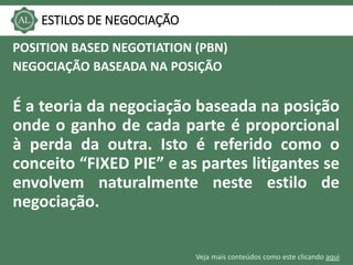 Veja mais conteúdos como este clicando aqui
ESTILOS DE NEGOCIAÇÃO
POSITION BASED NEGOTIATION (PBN)
NEGOCIAÇÃO BASEADA NA POSIÇÃO
É a teoria da negociação baseada na posição
onde o ganho de cada parte é proporcional
à perda da outra. Isto é referido como o
conceito “FIXED PIE” e as partes litigantes se
envolvem naturalmente neste estilo de
negociação.
 