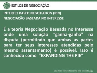 Veja mais conteúdos como este clicando aqui
ESTILOS DE NEGOCIAÇÃO
INTEREST BASED NEGOTIATION (IBN)
NEGOCIAÇÃO BASEADA NO INTERESSE
É a teoria Negociação Baseada no Interesse
onde uma solução “ganha-ganha" na
disputa (permitindo que ambas as partes
para ter seus interesses atendidas pelo
mesmo assentamento) é possível. Isso é
conhecido como “EXPANDING THE PIE”
 
