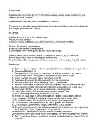 Capacidades 
Capacidad de percepción: Sentir en diferentes escenas, lugares cosas que otros no son 
capaces de sentir “percibir”. 
Expresión oral:Saber expresarse para poderse comunicar. 
Pensamiento creativo:Ser capaz de la nada o de una pequeña idea o experiencia desarrollr 
una imagen ,pensamiento o historia. 
Destrezas. 
Auditiva:Aprender a escuchar, no interrumpir 
Visual:Observar, percibir 
Social:Conductas especificas que usa una persona al interactuar con otros. 
Lectura: Saber leer y comprenderlo 
Escritura:Saber escribir y comprenderlo 
Comunicación:Poder dar tu punto de vista y jucio sobre algo. 
Comprensión:Explicar nuestra claridad conceptual de un tema ,obra o problema 
Mental:Agilidad que tiene el intelecto para desarrollarse. 
Cognitiva:Capacidad de adquirir un contenido y aprender el proceso por el que lo adquirio. 
Habilidades. 
1. Tecnicas:conocer y comprender los conceptos de lo que se3 dice y de lo que se hace 
2. Conceptual:Habilidad de 
3. Responsabilidad:Que cada uno sea capaz de realizar su trabajo y su funcion 
4. Honestidad:Claridad ,transparencia y coherencia en su decir y hacer 
5. Orden :Manejar tiempos y actuar de manera eficiente 
6. Relaciones Interpersonales:Comunicación con sus semejantes 
7. Administracion:Saber lo que se tiene y saber como utilizarlo 
8. Escucha:habilidad de comprender, interpretar y poner atención de lo que se hace 
9. Observacion:habilidad interpretar correctamente y detenidamente lo que se ve 
10.Innovacion: Generar nuevas ideas, soluciones y planteamientos 
11. Liderazgo:Habilidad de convencer a compañeros o seguidores 
12.Proactividad:Organizacion y valores de produccion 
13.Trabajo en equipo:Saber compartir responsabilidades con una buena actitud 
14.Investigación:Habilidad de indagar y conocer aquello que le pueda faltar. 
15.Razonamiento Inductivo:Habilidad de ir de lo particular a lo general 
16.Razonamiento Deductivo:Habilidad de ir de lo general a lo particular 
17.Comunicacion:Comprender y hacerse entender en lo que se dice 
18.Empatia:escucha tiene en cuenta las preocupaciones de los demas y se respeta sus 
sentimientos;es capaz de ponerse en el lugar del otro. 
19.Asertividad: Defender sus puntos de manera correcta y equilibrada 
20.Autonomia:Tomar desiciones con un criterio propio no como resultado de un entorno. 
21.Autoconocimiento:Conocer sus puntos fuertes y debiles tanto en lo profesional como 
personal. 
 