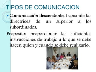 TIPOS DE COMUNICACIONComunicación descendente. transmite las directrices de un superior a los subordinados. Propósito: proporcionar las suficientes instrucciones de trabajo a lo que se debe hacer, quien y cuando se debe realizarlo.