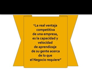 “La real ventaja
competitiva
de una empresa,
es la capacidad y
velocidad
de aprendizaje
de su gente acerca
de lo que
el Negocio requiere”
 