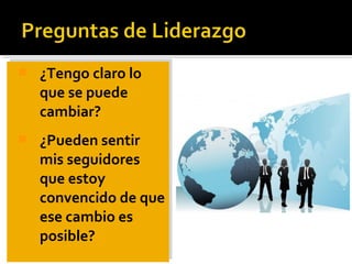  ¿Tengo claro lo
que se puede
cambiar?
 ¿Pueden sentir
mis seguidores
que estoy
convencido de que
ese cambio es
posible?
 ¿Tengo claro lo
que se puede
cambiar?
 ¿Pueden sentir
mis seguidores
que estoy
convencido de que
ese cambio es
posible?
 