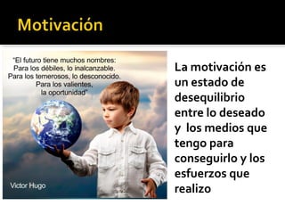 La motivación es
un estado de
desequilibrio
entre lo deseado
y los medios que
tengo para
conseguirlo y los
esfuerzos que
realizo
 