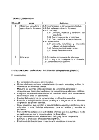 TEMARIO (continuación) 
Unidad Temas Subtemas 
6 Coaching, consultoría y 
comunicación de apoyo. 
6.1 Importancia de la comunicación efectiva. 
6.2 Qué es la comunicación de apoyo. 
6.3 El coaching. 
6.3.1 Concepto, objetivos y beneficios del 
Coaching. 
6.3.2 Como implementar el coaching. 
6.3.3 Como optimizar el talento humano. 
6.4 La consultoría. 
6.4.1 Concepto, naturaleza y propósitos 
básicos de la consultoría. 
6.4.2 Estrategias básicas de cambio. 
6.4.3 Fases de la consultoría. 
7 Liderazgo. 7.1 Concepto e importancia del liderazgo. 
7.2 El poder y el uso inteligente de la influencia. 
7.3 Liderear el cambio positivo. 
8.- SUGERENCIAS DIDÁCTICAS (desarrollo de competencias genéricas) 
El profesor debe: 
• Ser conocedor del proceso administrativo. 
• Motivar al alumno mediante actividades de búsqueda, selección y análisis de 
información en diferentes fuentes. 
• Motivar a los alumnos en la organización de seminarios, congresos y 
simposios para desarrollar habilidades de comunicación y relaciones públicas. 
• Compartir experiencias obtenidas de los diferentes temas para retroalimentar 
la información entre los estudiantes. 
• Impulsar la transferencia de competencias en diferentes contextos. 
• Estimular el trabajo interdisciplinario para lograr la integración de las diferentes 
asignaturas del plan de estudios. 
• Crear situaciones que permitan al estudiante la integración de contenidos de la 
asignatura y entre distintas asignaturas, para su análisis y solución de 
problemas. 
• Incrementar la realización de actividades o tareas que den .cuenta por medio 
de evidencias, de que la competencia se ha desarrollado 
• Propiciar en el estudiante, el sentimiento de logro y de ser competente 
• Estimular la práctica de procesos metacognitivos. 
• Propiciar el planteamiento de preguntas y la solución de problemas. 
 