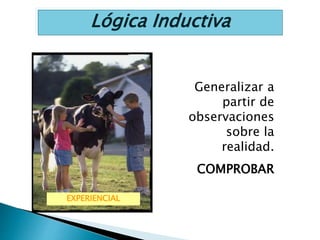 Generalizar a
partir de
observaciones
sobre la
realidad.
COMPROBAR
EXPERIENCIAL
Lógica Inductiva
 