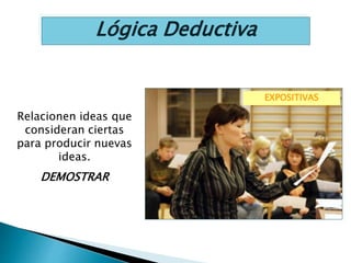 Lógica Deductiva
Relacionen ideas que
consideran ciertas
para producir nuevas
ideas.
DEMOSTRAR
EXPOSITIVAS
 