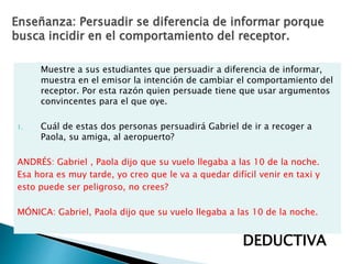 Enseñanza: Persuadir se diferencia de informar porque
busca incidir en el comportamiento del receptor.
Muestre a sus estudiantes que persuadir a diferencia de informar,
muestra en el emisor la intención de cambiar el comportamiento del
receptor. Por esta razón quien persuade tiene que usar argumentos
convincentes para el que oye.
1. Cuál de estas dos personas persuadirá Gabriel de ir a recoger a
Paola, su amiga, al aeropuerto?
ANDRÉS: Gabriel , Paola dijo que su vuelo llegaba a las 10 de la noche.
Esa hora es muy tarde, yo creo que le va a quedar difícil venir en taxi y
esto puede ser peligroso, no crees?
MÓNICA: Gabriel, Paola dijo que su vuelo llegaba a las 10 de la noche.
DEDUCTIVA
 