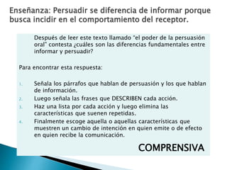 Enseñanza: Persuadir se diferencia de informar porque
busca incidir en el comportamiento del receptor.
Después de leer este texto llamado “el poder de la persuasión
oral” contesta ¿cuáles son las diferencias fundamentales entre
informar y persuadir?
Para encontrar esta respuesta:
1. Señala los párrafos que hablan de persuasión y los que hablan
de información.
2. Luego señala las frases que DESCRIBEN cada acción.
3. Haz una lista por cada acción y luego elimina las
características que suenen repetidas.
4. Finalmente escoge aquella o aquellas características que
muestren un cambio de intención en quien emite o de efecto
en quien recibe la comunicación.
COMPRENSIVA
 
