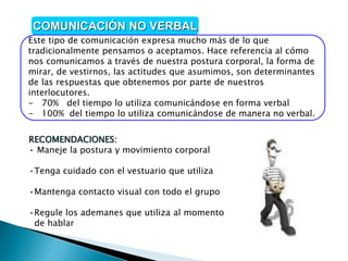 Este tipo de comunicación expresa mucho más de lo que
tradicionalmente pensamos o aceptamos. Hace referencia al cómo
nos comunicamos a través de nuestra postura corporal, la forma de
mirar, de vestirnos, las actitudes que asumimos, son determinantes
de las respuestas que obtenemos por parte de nuestros
interlocutores.
- 70% del tiempo lo utiliza comunicándose en forma verbal
- 100% del tiempo lo utiliza comunicándose de manera no verbal.
COMUNICACIÓN NO VERBAL
RECOMENDACIONES:
• Maneje la postura y movimiento corporal
•Tenga cuidado con el vestuario que utiliza
•Mantenga contacto visual con todo el grupo
•Regule los ademanes que utiliza al momento
de hablar
 