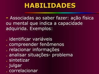 HABILIDADES -   Associadas ao saber fazer: ação física ou mental que indica a capacidade adquirida. Exemplos: .  identificar variáveis .  compreender fenômenos .  relacionar informações .  analisar situações- problema .  sintetizar .  julgar .  correlacionar 