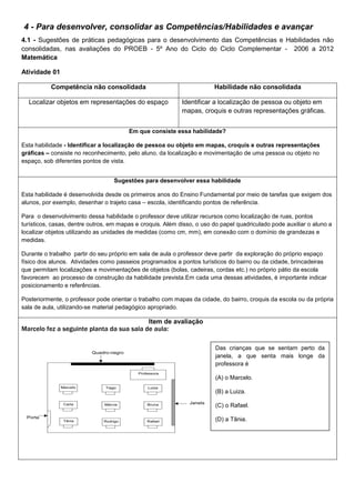 4 - Para desenvolver, consolidar as Competências/Habilidades e avançar
4.1 - Sugestões de práticas pedagógicas para o desenvolvimento das Competências e Habilidades não
consolidadas, nas avaliações do PROEB - 5º Ano do Ciclo do Ciclo Complementar - 2006 a 2012
Matemática
Atividade 01
Competência não consolidada Habilidade não consolidada
Localizar objetos em representações do espaço Identificar a localização de pessoa ou objeto em
mapas, croquis e outras representações gráficas.
Em que consiste essa habilidade?
Esta habilidade - Identificar a localização de pessoa ou objeto em mapas, croquis e outras representações
gráficas – consiste no reconhecimento, pelo aluno, da localização e movimentação de uma pessoa ou objeto no
espaço, sob diferentes pontos de vista.
Sugestões para desenvolver essa habilidade
Esta habilidade é desenvolvida desde os primeiros anos do Ensino Fundamental por meio de tarefas que exigem dos
alunos, por exemplo, desenhar o trajeto casa – escola, identificando pontos de referência.
Para o desenvolvimento dessa habilidade o professor deve utilizar recursos como localização de ruas, pontos
turísticos, casas, dentre outros, em mapas e croquis. Além disso, o uso do papel quadriculado pode auxiliar o aluno a
localizar objetos utilizando as unidades de medidas (como cm, mm), em conexão com o domínio de grandezas e
medidas.
Durante o trabalho partir do seu próprio em sala de aula o professor deve partir da exploração do próprio espaço
físico dos alunos. Atividades como passeios programados a pontos turísticos do bairro ou da cidade, brincadeiras
que permitam localizações e movimentações de objetos (bolas, cadeiras, cordas etc.) no próprio pátio da escola
favorecem ao processo de construção da habilidade prevista.Em cada uma dessas atividades, é importante indicar
posicionamento e referências.
Posteriormente, o professor pode orientar o trabalho com mapas da cidade, do bairro, croquis da escola ou da própria
sala de aula, utilizando-se material pedagógico apropriado.
Item de avaliação
Marcelo fez a seguinte planta da sua sala de aula:
Das crianças que se sentam perto da
janela, a que senta mais longe da
professora é
(A) o Marcelo.
(B) a Luiza.
(C) o Rafael.
(D) a Tânia.
 