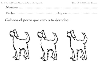 Benito García Peinado. Maestro de Apoyo a la integración.                 Desarrollo de Habilidades Básicas.


      Nombre: ......................................................................................
      Fecha:............................................ Hoy es: ................................

     Colorea el perro que está a tu derecha.
 