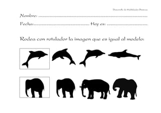 Desarrollo de Habilidades Básicas.

Nombre: ......................................................................................
Fecha:............................................ Hoy es: ................................


Rodea con rotulador la imagen que es igual al modelo:
 