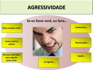 AGRESSIVIDADE

                      Se eu fosse você, eu faria...
Estou sempre certo.                                   Intolerante...




  Como você se
                                                      Dissimulado...
     atreve.



Até que está bom,
                                                        Hostil...
   para alguém
   como você.
                                  Arrogante...
 