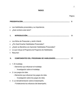 2
ÍNDICE
Página
PRESENTACIÓN......................................................................................................... 5
• Las habilidades prosociales y su importancia.
• ¿Qué contiene este texto?
I. INTRODUCCIÓN............................................................................................. 9
• Los Niños de Preescolar y Jardín Infantil.
• ¿Por Qué Enseñar Habilidades Prosociales?
• ¿Quién se Beneficia con Aprender Habilidades Prosociales?
• Lo que incluye el Programa de Programa de Habilidades.
• Resumen
II. COMPONENTES DEL PROGRAMA DE HABILIDADES............................... 17
• 1. El modelaje.
- Elementos que refuerzan el modelaje.
- Investigación sobre el modelaje.
• 2. Los juegos de roles.
- Elementos que refuerzan los juegos de roles.
- Investigación sobre los juegos de roles.
• 3. La retroalimentación sobre el desempeño.
- Fortaleciendo los refuerzos del desempeño.
 