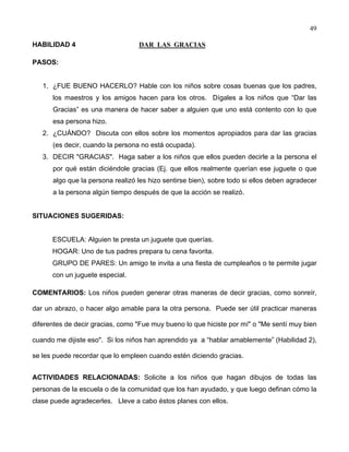 49
HABILIDAD 4 DAR LAS GRACIAS
PASOS:
1. ¿FUE BUENO HACERLO? Hable con los niños sobre cosas buenas que los padres,
los maestros y los amigos hacen para los otros. Dígales a los niños que “Dar las
Gracias” es una manera de hacer saber a alguien que uno está contento con lo que
esa persona hizo.
2. ¿CUÁNDO? Discuta con ellos sobre los momentos apropiados para dar las gracias
(es decir, cuando la persona no está ocupada).
3. DECIR "GRACIAS". Haga saber a los niños que ellos pueden decirle a la persona el
por qué están diciéndole gracias (Ej. que ellos realmente querían ese juguete o que
algo que la persona realizó les hizo sentirse bien), sobre todo si ellos deben agradecer
a la persona algún tiempo después de que la acción se realizó.
SITUACIONES SUGERIDAS:
ESCUELA: Alguien te presta un juguete que querías.
HOGAR: Uno de tus padres prepara tu cena favorita.
GRUPO DE PARES: Un amigo te invita a una fiesta de cumpleaños o te permite jugar
con un juguete especial.
COMENTARIOS: Los niños pueden generar otras maneras de decir gracias, como sonreír,
dar un abrazo, o hacer algo amable para la otra persona. Puede ser útil practicar maneras
diferentes de decir gracias, como "Fue muy bueno lo que hiciste por mí" o "Me sentí muy bien
cuando me dijiste eso". Si los niños han aprendido ya a “hablar amablemente” (Habilidad 2),
se les puede recordar que lo empleen cuando estén diciendo gracias.
ACTIVIDADES RELACIONADAS: Solicite a los niños que hagan dibujos de todas las
personas de la escuela o de la comunidad que los han ayudado, y que luego definan cómo la
clase puede agradecerles. Lleve a cabo éstos planes con ellos.
 