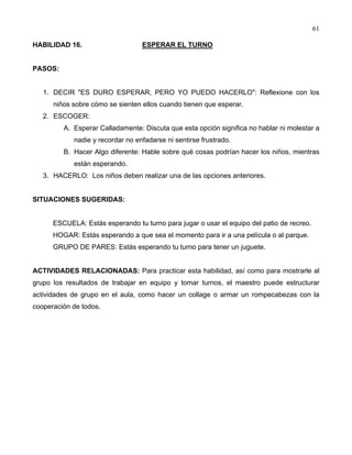 61
HABILIDAD 16. ESPERAR EL TURNO
PASOS:
1. DECIR "ES DURO ESPERAR, PERO YO PUEDO HACERLO": Reflexione con los
niños sobre cómo se sienten ellos cuando tienen que esperar.
2. ESCOGER:
A. Esperar Calladamente: Discuta que esta opción significa no hablar ni molestar a
nadie y recordar no enfadarse ni sentirse frustrado.
B. Hacer Algo diferente: Hable sobre qué cosas podrían hacer los niños, mientras
están esperando.
3. HACERLO: Los niños deben realizar una de las opciones anteriores.
SITUACIONES SUGERIDAS:
ESCUELA: Estás esperando tu turno para jugar o usar el equipo del patio de recreo.
HOGAR: Estás esperando a que sea el momento para ir a una película o al parque.
GRUPO DE PARES: Estás esperando tu turno para tener un juguete.
ACTIVIDADES RELACIONADAS: Para practicar esta habilidad, así como para mostrarle al
grupo los resultados de trabajar en equipo y tomar turnos, el maestro puede estructurar
actividades de grupo en el aula, como hacer un collage o armar un rompecabezas con la
cooperación de todos.
 