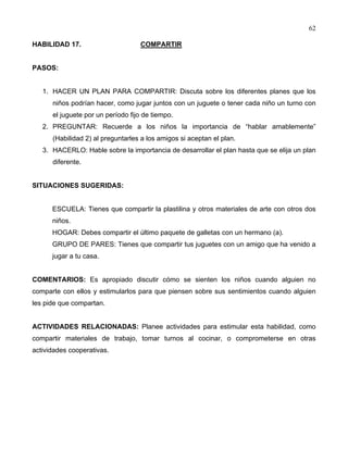62
HABILIDAD 17. COMPARTIR
PASOS:
1. HACER UN PLAN PARA COMPARTIR: Discuta sobre los diferentes planes que los
niños podrían hacer, como jugar juntos con un juguete o tener cada niño un turno con
el juguete por un período fijo de tiempo.
2. PREGUNTAR: Recuerde a los niños la importancia de “hablar amablemente”
(Habilidad 2) al preguntarles a los amigos si aceptan el plan.
3. HACERLO: Hable sobre la importancia de desarrollar el plan hasta que se elija un plan
diferente.
SITUACIONES SUGERIDAS:
ESCUELA: Tienes que compartir la plastilina y otros materiales de arte con otros dos
niños.
HOGAR: Debes compartir el último paquete de galletas con un hermano (a).
GRUPO DE PARES: Tienes que compartir tus juguetes con un amigo que ha venido a
jugar a tu casa.
COMENTARIOS: Es apropiado discutir cómo se sienten los niños cuando alguien no
comparte con ellos y estimularlos para que piensen sobre sus sentimientos cuando alguien
les pide que compartan.
ACTIVIDADES RELACIONADAS: Planee actividades para estimular esta habilidad, como
compartir materiales de trabajo, tomar turnos al cocinar, o comprometerse en otras
actividades cooperativas.
 