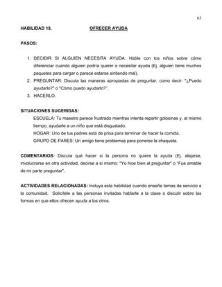 63
HABILIDAD 18. OFRECER AYUDA
PASOS:
1. DECIDIR SI ALGUIEN NECESITA AYUDA: Hable con los niños sobre cómo
diferenciar cuando alguien podría querer o necesitar ayuda (Ej. alguien tiene muchos
paquetes para cargar o parece estarse sintiendo mal).
2. PREGUNTAR: Discuta las maneras apropiadas de preguntar, como decir: "¿Puedo
ayudarlo?" o "Cómo puedo ayudarlo?”.
3. HACERLO.
SITUACIONES SUGERIDAS:
ESCUELA: Tu maestro parece frustrado mientras intenta repartir golosinas y, al mismo
tiempo, ayudarle a un niño que está disgustado.
HOGAR: Uno de tus padres está de prisa para terminar de hacer la comida.
GRUPO DE PARES: Un amigo tiene problemas para ponerse la chaqueta.
COMENTARIOS: Discuta qué hacer si la persona no quiere la ayuda (Ej. alejarse,
involucrarse en otra actividad, decirse a sí mismo: "Yo hice bien al preguntar" o “Fue amable
de mi parte preguntar".
ACTIVIDADES RELACIONADAS: Incluya esta habilidad cuando enseñe temas de servicio a
la comunidad. Solicítele a las personas invitadas hablarle a la clase o discutir sobre las
formas en que ellos ofrecen ayuda a los otros.
 