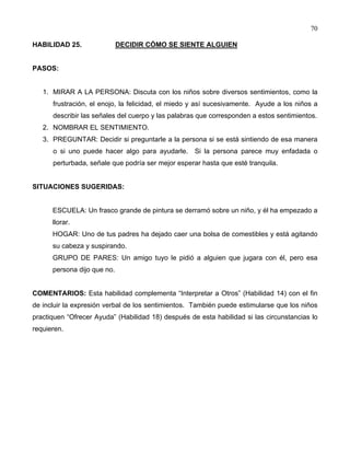 70
HABILIDAD 25. DECIDIR CÓMO SE SIENTE ALGUIEN
PASOS:
1. MIRAR A LA PERSONA: Discuta con los niños sobre diversos sentimientos, como la
frustración, el enojo, la felicidad, el miedo y así sucesivamente. Ayude a los niños a
describir las señales del cuerpo y las palabras que corresponden a estos sentimientos.
2. NOMBRAR EL SENTIMIENTO.
3. PREGUNTAR: Decidir si preguntarle a la persona si se está sintiendo de esa manera
o si uno puede hacer algo para ayudarle. Si la persona parece muy enfadada o
perturbada, señale que podría ser mejor esperar hasta que esté tranquila.
SITUACIONES SUGERIDAS:
ESCUELA: Un frasco grande de pintura se derramó sobre un niño, y él ha empezado a
llorar.
HOGAR: Uno de tus padres ha dejado caer una bolsa de comestibles y está agitando
su cabeza y suspirando.
GRUPO DE PARES: Un amigo tuyo le pidió a alguien que jugara con él, pero esa
persona dijo que no.
COMENTARIOS: Esta habilidad complementa “Interpretar a Otros” (Habilidad 14) con el fin
de incluir la expresión verbal de los sentimientos. También puede estimularse que los niños
practiquen “Ofrecer Ayuda” (Habilidad 18) después de esta habilidad si las circunstancias lo
requieren.
 