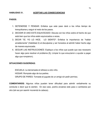 76
HABILIDAD 31. ACEPTAR LAS CONSECUENCIAS
PASOS:
1. DETENERSE Y PENSAR: Enfatice que este paso dará a los niños tiempo de
tranquilizarse y seguir el resto de los pasos.
2. DECIDIR SI UNO ESTÁ EQUIVOCADO: Discuta con los niños sobre el hecho de que
está bien que los niños estén equivocados a veces.
3. DECIR "SÍ, YO LO HICE. LO SIENTO": Enfatice la importancia de “hablar
amablemente” (Habilidad 2) al disculparse y ser honestos al admitir haber hecho algo
de manera equivocada.
4. SEGUIR LAS INSTRUCCIONES: Explique a los niños que puede que sea necesario
hacer algo para resolver el problema (Ej. Limpiar lo que ensuciaron o ayudar a pagar
algo que rompieron).
SITUACIONES SUGERIDAS:
ESCUELA: Le derramaste el refresco a otro niño.
HOGAR: Rompiste algo de tus padres.
GRUPO DE PARES: Tomaste el juguete de un amigo sin pedir permiso.
COMENTARIOS: Algunos niños pueden tener dificultad para admitir verbalmente su
conducta o decir que lo sienten. En ese caso, podría anularse este paso o cambiarse por
otro (tal vez por asentir moviendo la cabeza).
 