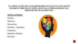 NIVEL LITERAL
Percibir.
Observar.
Discriminar.
Nombrar – Identificar
Emparejar.
Identificar Detalles
Recordar
 
