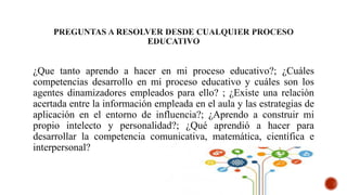 ¿Que tanto aprendo a hacer en mi proceso educativo?; ¿Cuáles
competencias desarrollo en mi proceso educativo y cuáles son los
agentes dinamizadores empleados para ello? ; ¿Existe una relación
acertada entre la información empleada en el aula y las estrategias de
aplicación en el entorno de influencia?; ¿Aprendo a construir mi
propio intelecto y personalidad?; ¿Qué aprendió a hacer para
desarrollar la competencia comunicativa, matemática, científica e
interpersonal?
 