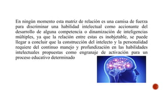 En ningún momento esta matriz de relación es una camisa de fuerza
para discriminar una habilidad intelectual como accionante del
desarrollo de alguna competencia o dinamización de inteligencias
múltiples, ya que la relación entre estas es inobjetable, se puede
llegar a concluir que la construcción del intelecto y la personalidad
requiere del continuo manejo y profundización en las habilidades
intelectuales propuestas como engranaje de activación para un
proceso educativo determinado
 