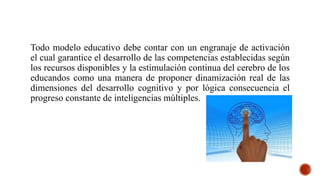 Todo modelo educativo debe contar con un engranaje de activación
el cual garantice el desarrollo de las competencias establecidas según
los recursos disponibles y la estimulación continua del cerebro de los
educandos como una manera de proponer dinamización real de las
dimensiones del desarrollo cognitivo y por lógica consecuencia el
progreso constante de inteligencias múltiples.
 