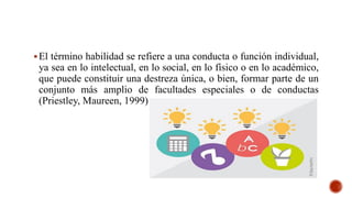 El término habilidad se refiere a una conducta o función individual,
ya sea en lo intelectual, en lo social, en lo físico o en lo académico,
que puede constituir una destreza única, o bien, formar parte de un
conjunto más amplio de facultades especiales o de conductas
(Priestley, Maureen, 1999)
 