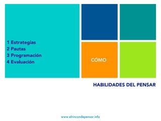 www.elrincondepensar.info
HABILIDADES DEL PENSAR
CÓMO
1 Estrategias
2 Pautas
3 Programación
4 Evaluación
 