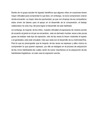 Dentro de mi grupo escolar he logrado identificar que algunos niños en ocasiones tienen
mayor dificultad para comprender lo que leen, sin embargo, no es la comprensión oral en
donde encuentro su mayor área de oportunidad, ya que con el apoyo de sus compañeros
estos sirven de tutores para el apoyo en el desarrollo de la comprensión, el trabajo
colaborativo ha sido muy útil para lograr el desarrollo de esta habilidad.
sin embargo, la mayoría de los niños, muestra dificultad al expresarse de manera escrita
de acuerdo al grado en el que se encuentran, esto es derivado muchas veces a las pocas
ganas de realizar este tipo de expresión, otra de las veces lo hacen mediante el rayado
o el garabateo, esto está vinculado más que nada con el desarrollo de su motricidad fina.
Pero lo que es preocupante que la mayoría de las veces se expresan y ellos mismo no
comprenden lo que quieren expresar, por ello se trabajara en el proceso de adquisición
de las micro habilidades las cuales serán de suma importancia en la adquisición de las
habilidades lingüísticas en este caso la expresión escrita.
 