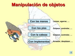 Manipulación de objetos


        Con las manos    Lanzar, agarrar, …


         Con los pies    Golpear, controlar, …


        Con la cabeza    Golpear, controlar, …


       Con implementos   Arrastar, desplazar, …
 