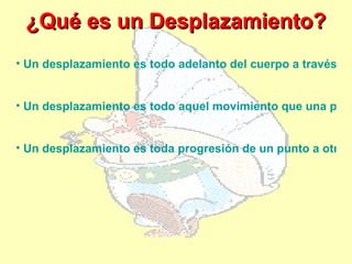 ¿Qué es un Desplazamiento?
• Un desplazamiento es todo adelanto del cuerpo a través de


• Un desplazamiento es todo aquel movimiento que una pers


• Un desplazamiento es toda progresión de un punto a otro d
 