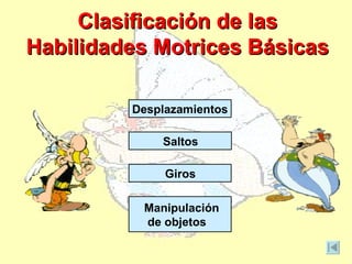 Clasificación de las
Habilidades Motrices Básicas

         Desplazamientos

             Saltos

              Giros

          Manipulación
          de objetos
 